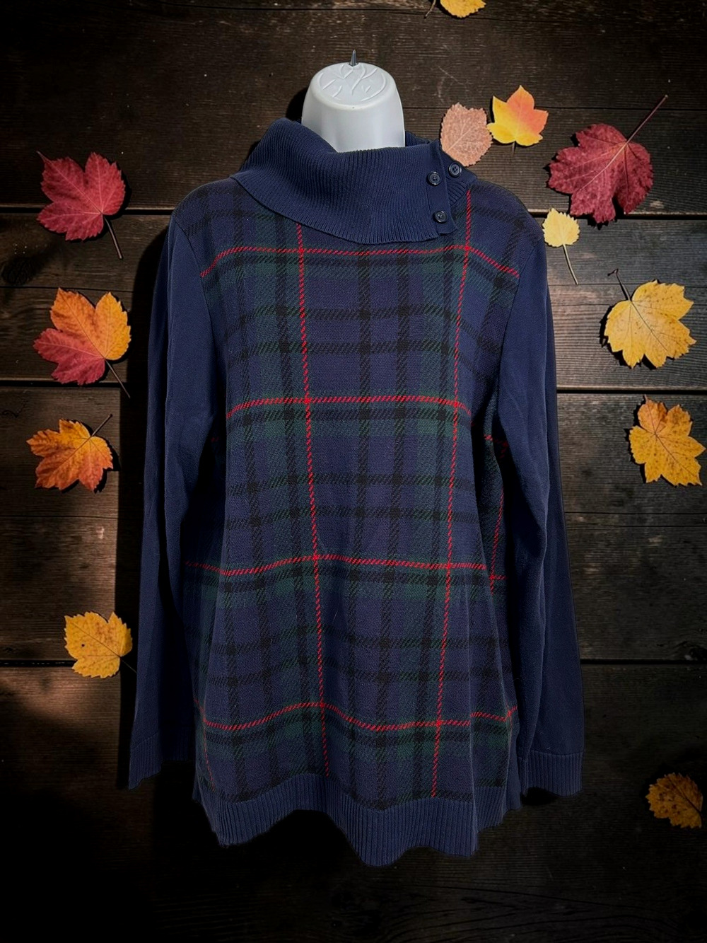 Talbots Blue Plaid Turtleneck Sweater Sz XL Long Comfy Fit Cotton Blend Top Navy
